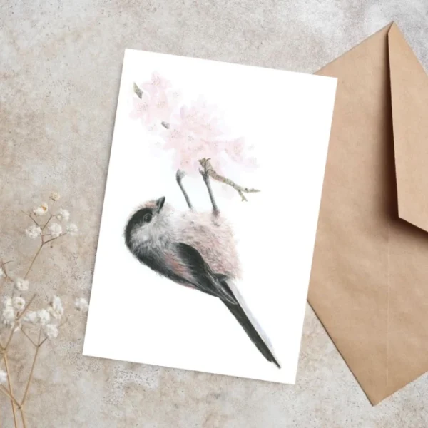 Long tailed tit on blossom branch - Blank Card