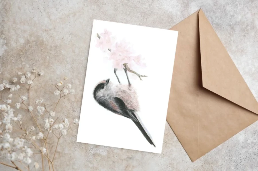 Long tailed tit on blossom branch - Blank Card